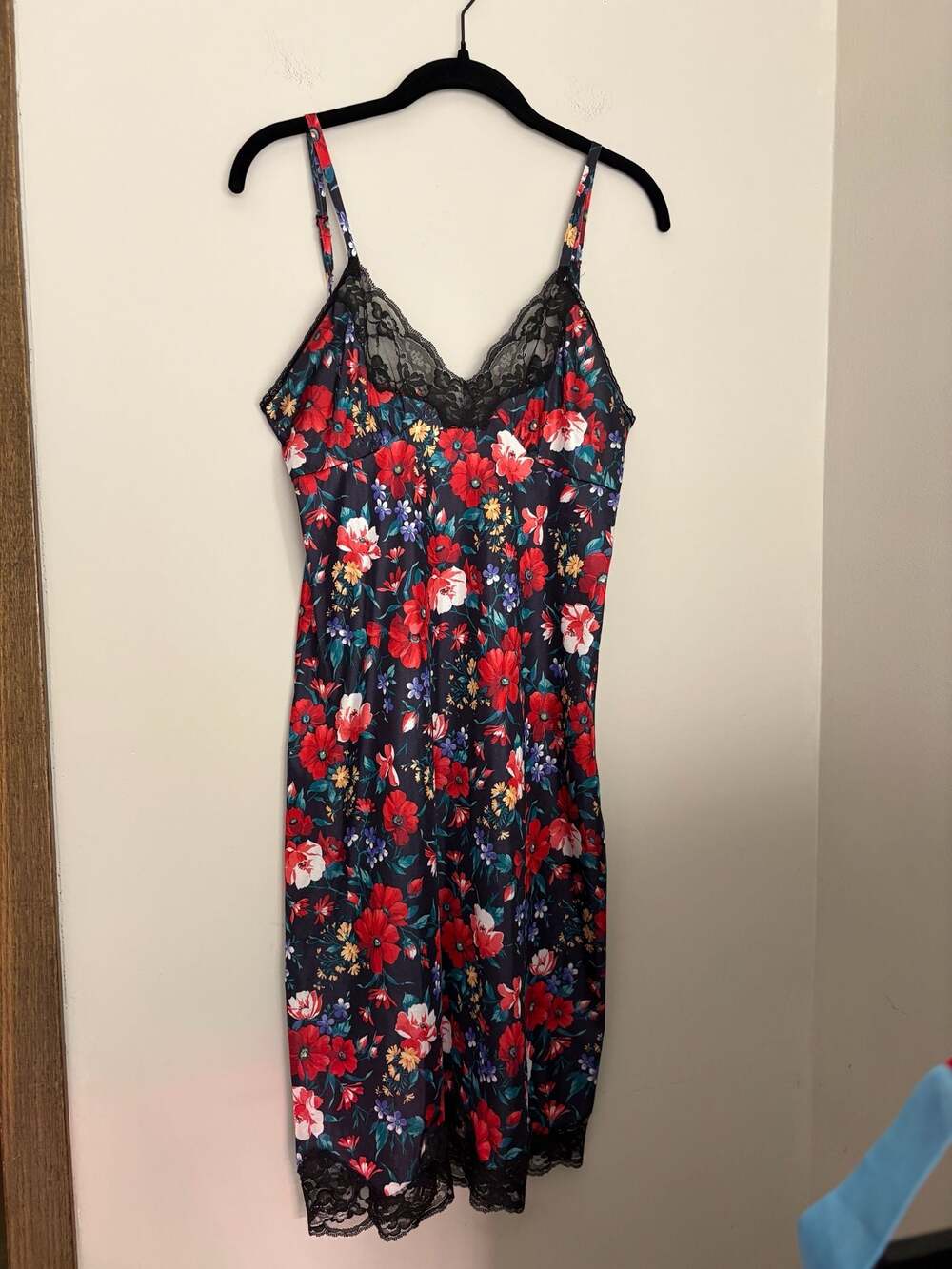 Vintage Romantic Goth Floral Print Chemise Slip Dress Black Lace Sz S